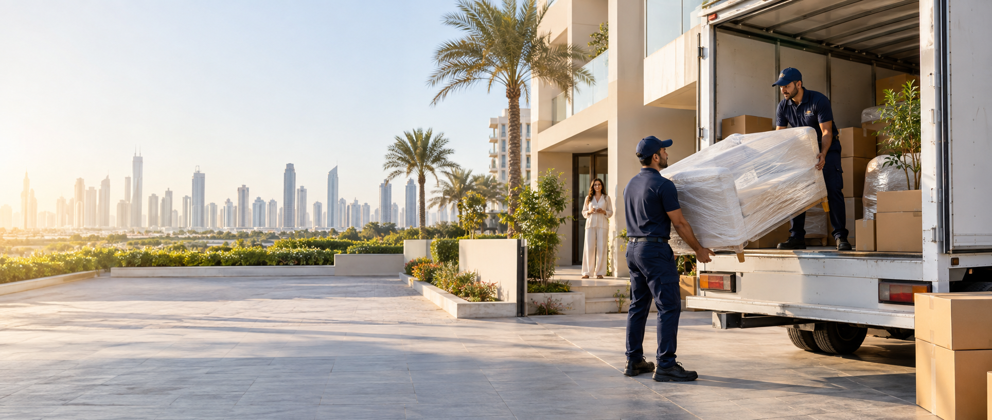 Professional movers loading wrapped furniture into a truck outside a Dubai apartment