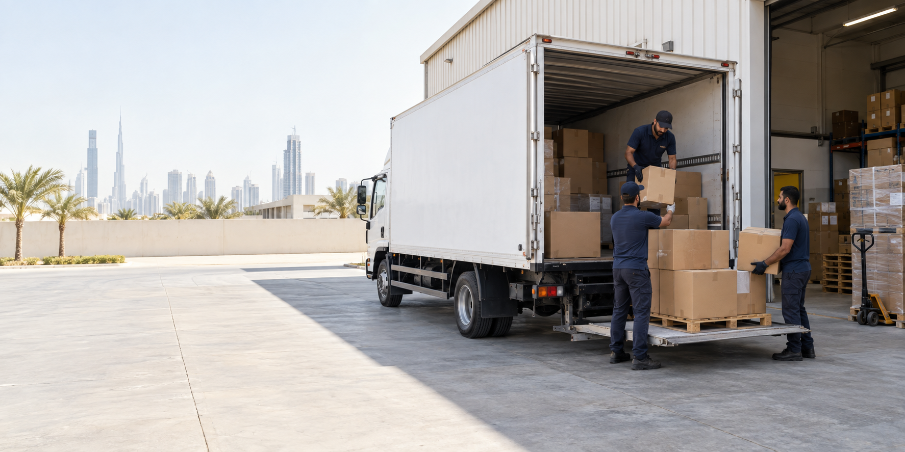 Organised labour crew loading a three ton truck at a UAE warehouse