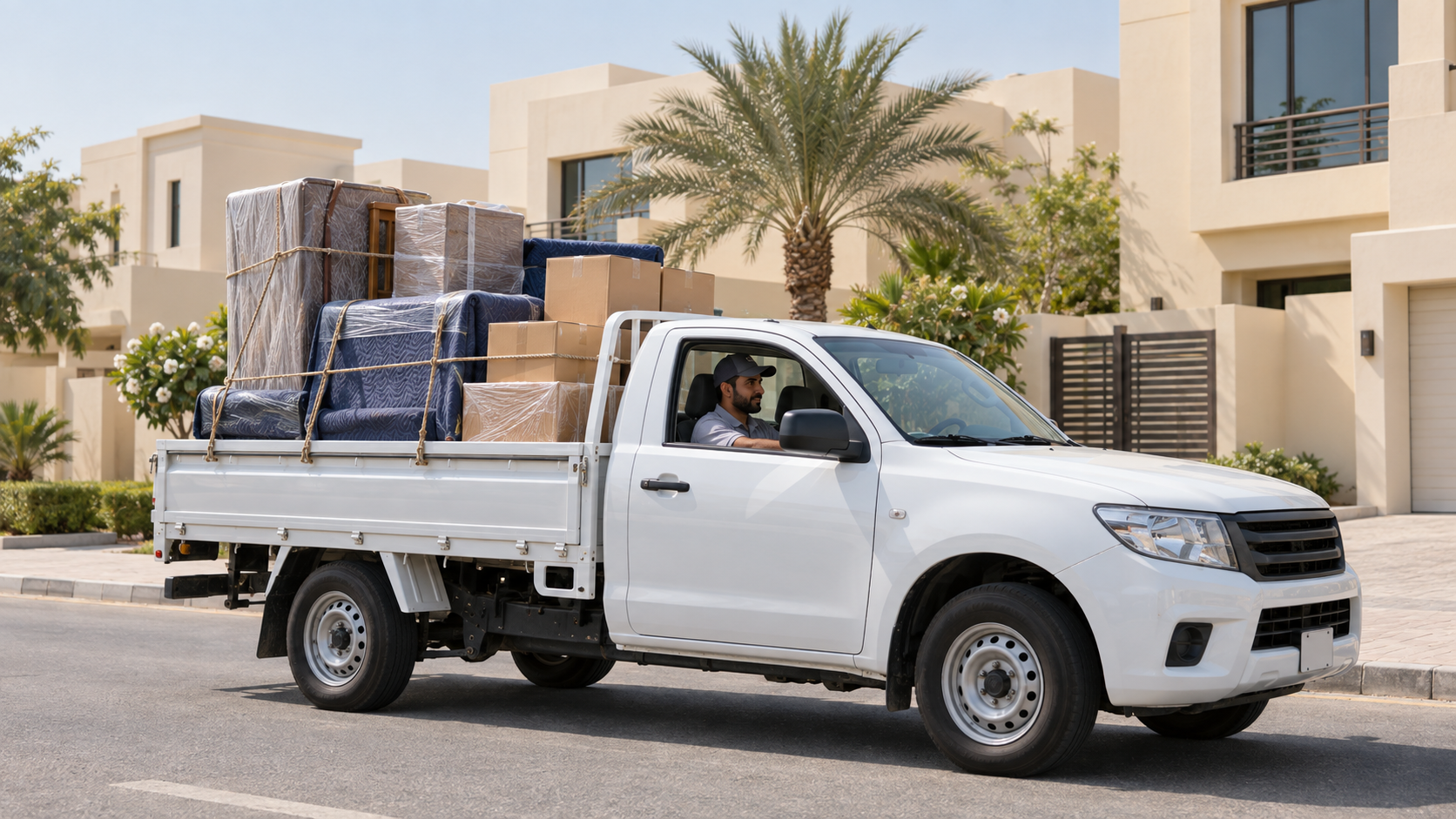 One ton pickup truck loaded with wrapped furniture and moving boxes in Dubai