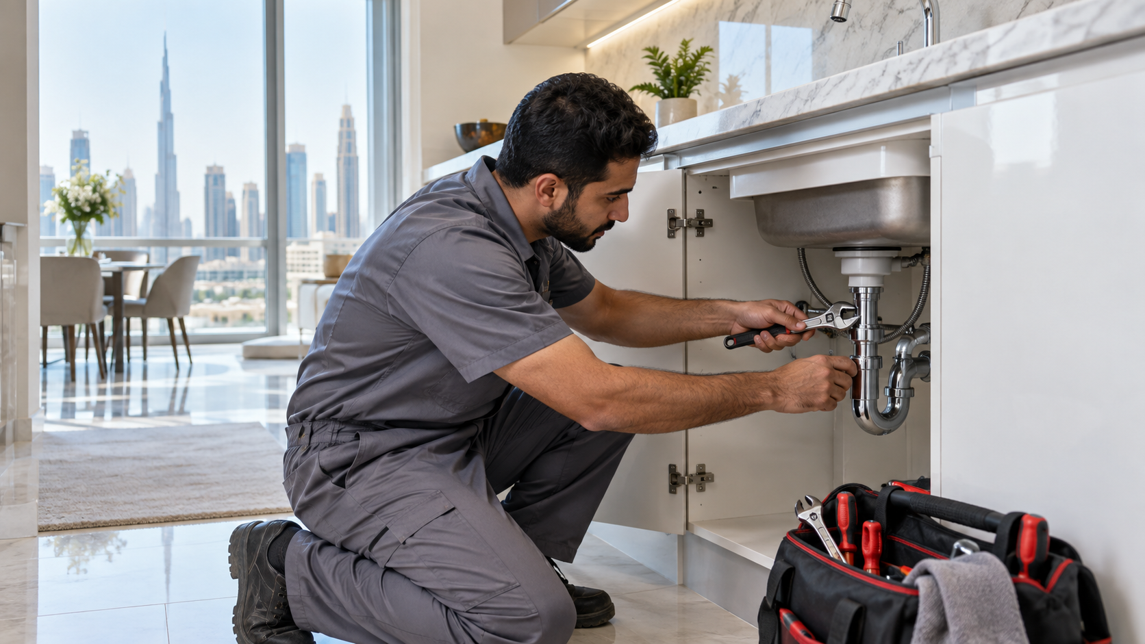 Professional plumber repairing plumbing in a Dubai home
